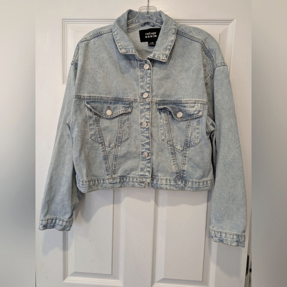 Refuge Denim Light Blue Jean Jacket Cropped Y2K Retro Button Down Short Size L